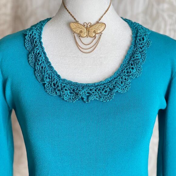 Vintage 90s Joseph A. Teal 3/4 Sleeve Crochet Detail Top Grunge Fairy Size S - Picture 6 of 8